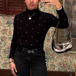 Zara Black Ribbed Knit Sweater with Rhinestones